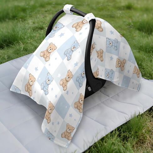 Car Seat Cover for Baby Bear Checkered Print Car Seat Canopy Lightweight Canopy for Sun Protection Carseat Covers for Boys Girls in Kuwait