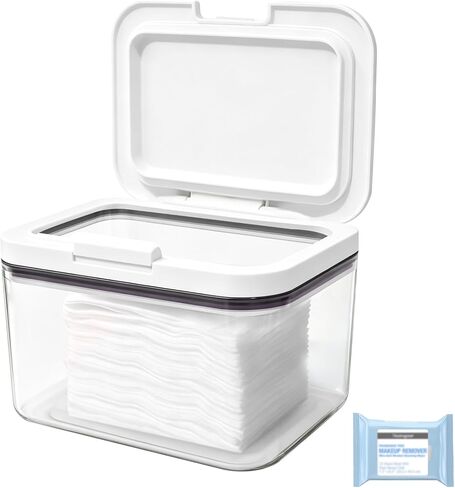 Double-Seal Protection Makeup Wipes Container, Clear Flushable Wipes Dispenser, One-Hand Open Makeup Remover Wipes Dispenser Keeps Wet Wipes Fresh for Bathroom (White) in Kuwait