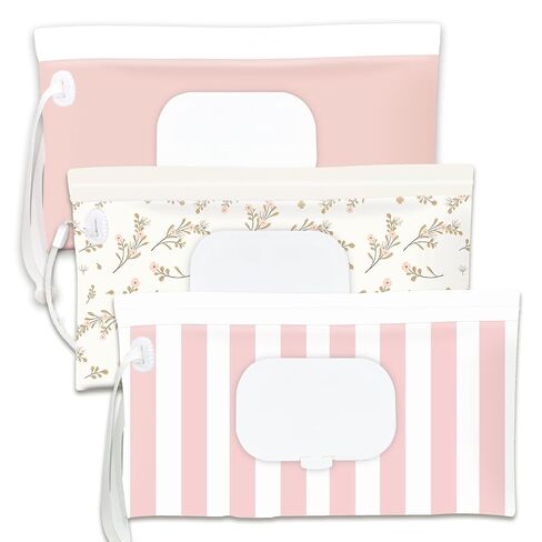 Baby Wipe Holder,Wipe Dispenser, 3-Pack Portable Refillable Wipe Container,Reusable Travel Baby Wipes Case, Waterproof and Dustproof, Wipe Holder for Diaper (Pink) in Kuwait