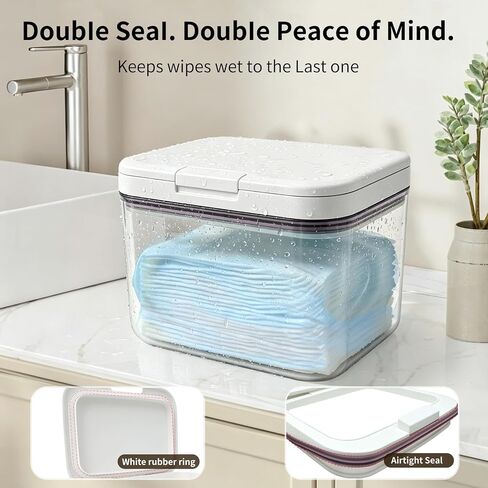 Double-Seal Protection Makeup Wipes Container, Clear Flushable Wipes Dispenser, One-Hand Open Makeup Remover Wipes Dispenser Keeps Wet Wipes Fresh for Bathroom (White) in Kuwait