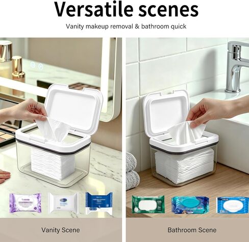 Double-Seal Protection Makeup Wipes Container, Clear Flushable Wipes Dispenser, One-Hand Open Makeup Remover Wipes Dispenser Keeps Wet Wipes Fresh for Bathroom (White) in Kuwait
