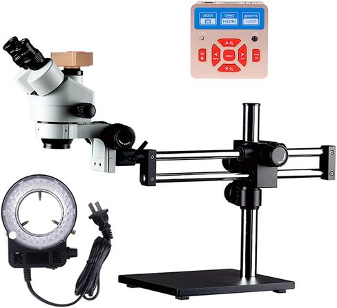 Yizhan 28MP HDMI Camera Microscope 7X-45X Simul-Focal Double Boom Stand Trinocular Stereo Zoom Microscope Ring Light Microscopio (Color : A) (A) in Kuwait