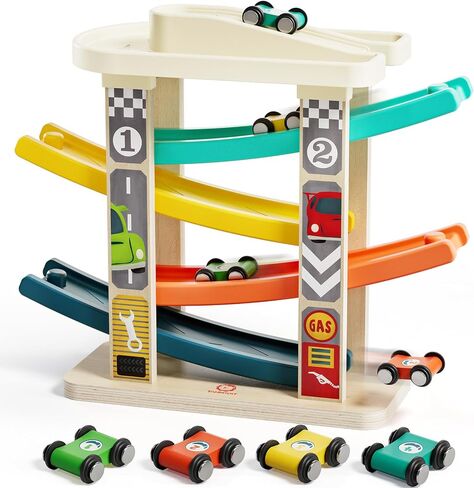 TOP BRIGHT Toddler Toys for 1 Year Old Girl Gifts, Wooden Car Ramp Toys | Includes 4 Cars & Garage, Wooden Ramp Develops Motor Skills, Montessori Learning Toy for Girls 1-3 Years in Kuwait