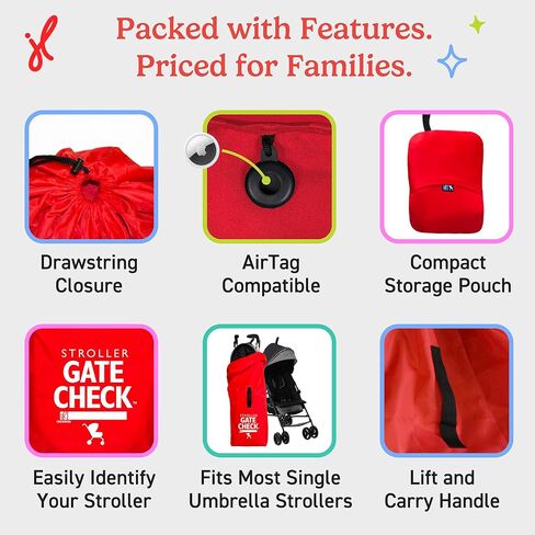 J.L. Childress Gate Check Bag for Umbrella Strollers - Travel Bag for Airplane, Fits Most Single Umbrella Baby Strollers, Airport Accessories for Gate Check, Flying Essentials - Red in Kuwait