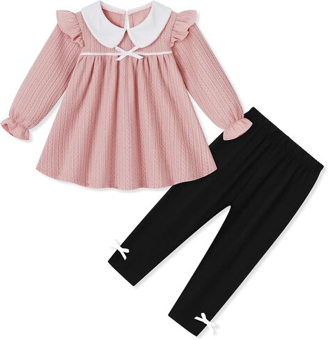 WESIDOM Toddler Girl Fall Winter Outfit 2Pcs Cute Girls Clothes Set 1-5T | Toddler Girl Clothes Long Sleeve Ruffle Peter Pan Collar Top with Bow Pants Girls Outfits 2 Piece Little Girls Clothing Set in Kuwait