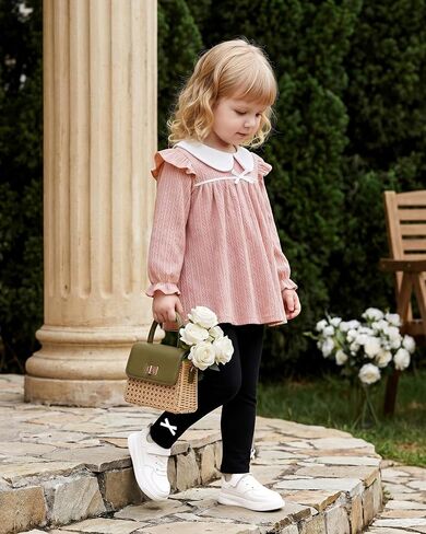 WESIDOM Toddler Girl Fall Winter Outfit 2Pcs Cute Girls Clothes Set 1-5T | Toddler Girl Clothes Long Sleeve Ruffle Peter Pan Collar Top with Bow Pants Girls Outfits 2 Piece Little Girls Clothing Set in Kuwait