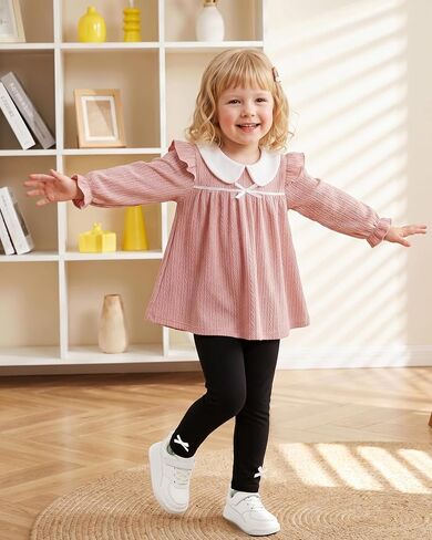 WESIDOM Toddler Girl Fall Winter Outfit 2Pcs Cute Girls Clothes Set 1-5T | Toddler Girl Clothes Long Sleeve Ruffle Peter Pan Collar Top with Bow Pants Girls Outfits 2 Piece Little Girls Clothing Set in Kuwait