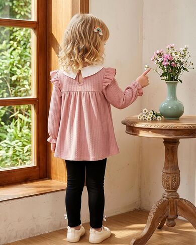 WESIDOM Toddler Girl Fall Winter Outfit 2Pcs Cute Girls Clothes Set 1-5T | Toddler Girl Clothes Long Sleeve Ruffle Peter Pan Collar Top with Bow Pants Girls Outfits 2 Piece Little Girls Clothing Set in Kuwait