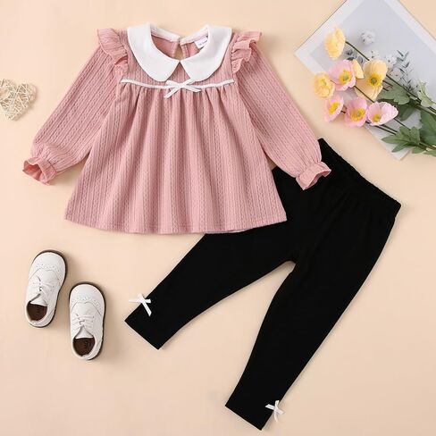 WESIDOM Toddler Girl Fall Winter Outfit 2Pcs Cute Girls Clothes Set 1-5T | Toddler Girl Clothes Long Sleeve Ruffle Peter Pan Collar Top with Bow Pants Girls Outfits 2 Piece Little Girls Clothing Set in Kuwait