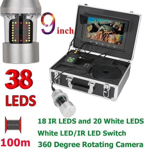 Underwater Camera, 9 Inch 50m 100m Underwater Fishing Video Camera Fish Finder IP68 Waterproof 38 LEDs 360 Degree Rotating(38 LEDs 100M Cable) in Kuwait