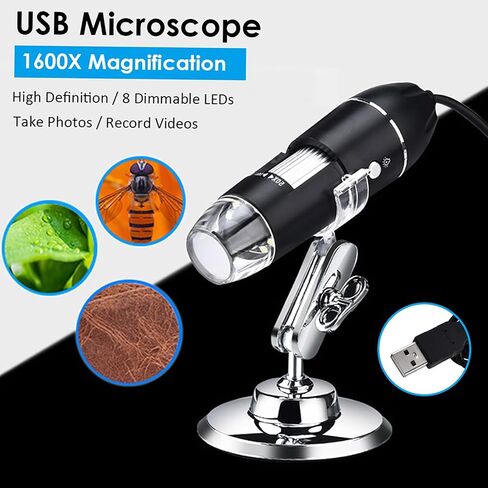 ZJchao USB Digital Microscope Camera, 1600X Magnification 1080P HD Video Recording with 8 Dimmable LEDs for PC Phone Circuit Board Jewelry Inspection (1) in Kuwait