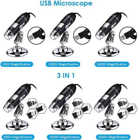 ZJchao USB Digital Microscope Camera, 1600X Magnification 1080P HD Video Recording with 8 Dimmable LEDs for PC Phone Circuit Board Jewelry Inspection (1) in Kuwait