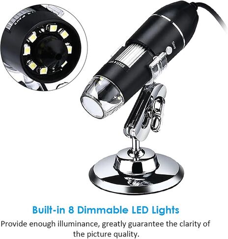 ZJchao USB Digital Microscope Camera, 1600X Magnification 1080P HD Video Recording with 8 Dimmable LEDs for PC Phone Circuit Board Jewelry Inspection (1) in Kuwait