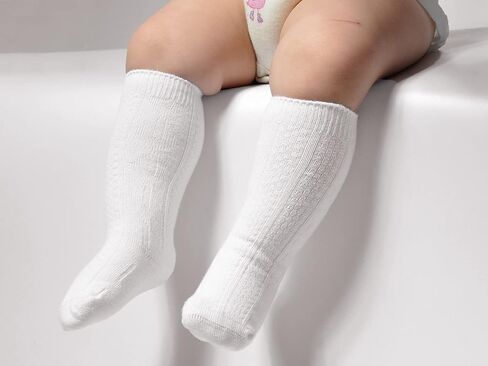 EPEIUS Baby Socks Seamless Cable Knit Knee High Socks Newborn Boys/Girls Uniform Socks Cotton Stockings Long Socks 0-3 Months,3 Pack Natural White in Kuwait