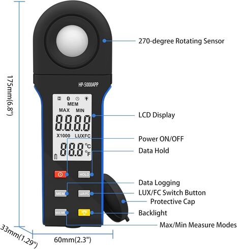 Lux Meter, Light Meter 5000A Digital Lux 0.1 to 400000 Wide Ran Fc Unit Switch MAX MIN Recording Built in Display,for Grow Plants/Photography in Kuwait
