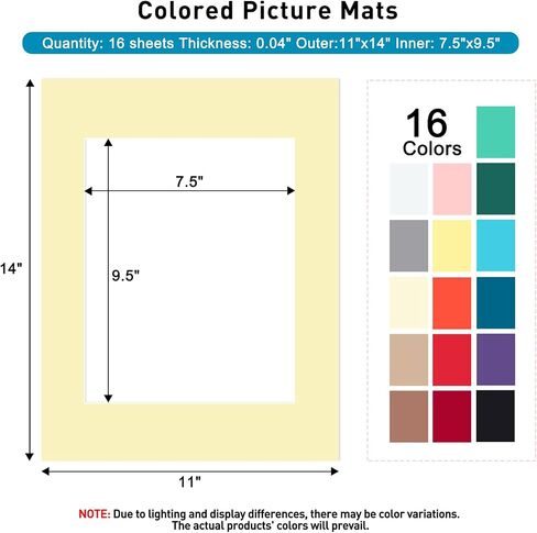 MAXECHO 16 Pack 11"x14" Picture Mats, Mixed Colors Pre-Cut Beveled Frame Matte Boards for 8"x10" Photos, Prints and Artworks in Kuwait