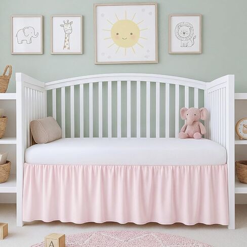 Gilprop 1 Pcs Pink Crib Skirt Linen Cotton Blend Dust Ruffle Crib Bed Skirt, 52" x 28" x 14.5" Drop Soft Breathable Nursery Bed Skirts for Baby Girls Toddler Beds Nursery Room Decor in Kuwait