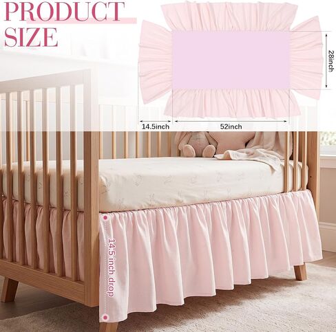 Gilprop 1 Pcs Pink Crib Skirt Linen Cotton Blend Dust Ruffle Crib Bed Skirt, 52" x 28" x 14.5" Drop Soft Breathable Nursery Bed Skirts for Baby Girls Toddler Beds Nursery Room Decor in Kuwait