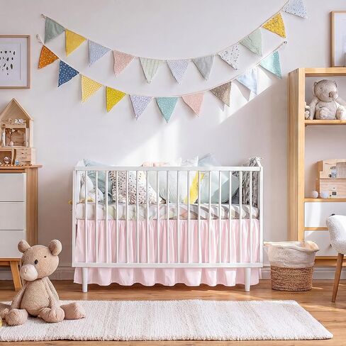 Gilprop 1 Pcs Pink Crib Skirt Linen Cotton Blend Dust Ruffle Crib Bed Skirt, 52" x 28" x 14.5" Drop Soft Breathable Nursery Bed Skirts for Baby Girls Toddler Beds Nursery Room Decor in Kuwait