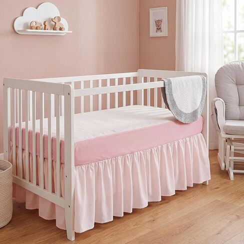 Gilprop 1 Pcs Pink Crib Skirt Linen Cotton Blend Dust Ruffle Crib Bed Skirt, 52" x 28" x 14.5" Drop Soft Breathable Nursery Bed Skirts for Baby Girls Toddler Beds Nursery Room Decor in Kuwait