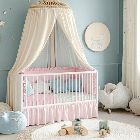 Gilprop 1 Pcs Pink Crib Skirt Linen Cotton Blend Dust Ruffle Crib Bed Skirt, 52" x 28" x 14.5" Drop Soft Breathable Nursery Bed Skirts for Baby Girls Toddler Beds Nursery Room Decor in Kuwait