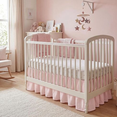 Gilprop 1 Pcs Pink Crib Skirt Linen Cotton Blend Dust Ruffle Crib Bed Skirt, 52" x 28" x 14.5" Drop Soft Breathable Nursery Bed Skirts for Baby Girls Toddler Beds Nursery Room Decor in Kuwait
