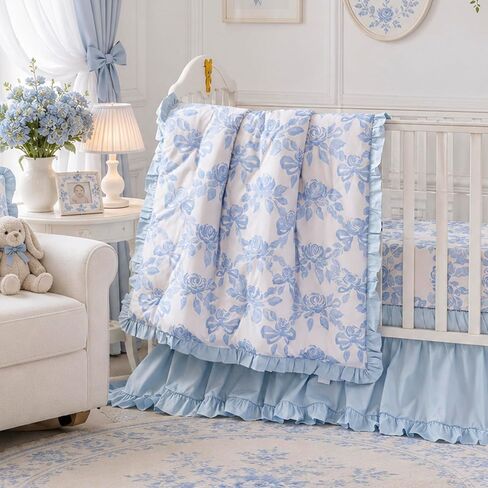 Brandream French Country Toile Crib Bedding Set for Girls Vintage Pink Toile Floral Print 100% Cotton Baby Girl Nursery Bedding Collection - Ruffles Quilt,Toile Crib Sheet,Crib Bed Skirt 3 Pieces in Kuwait