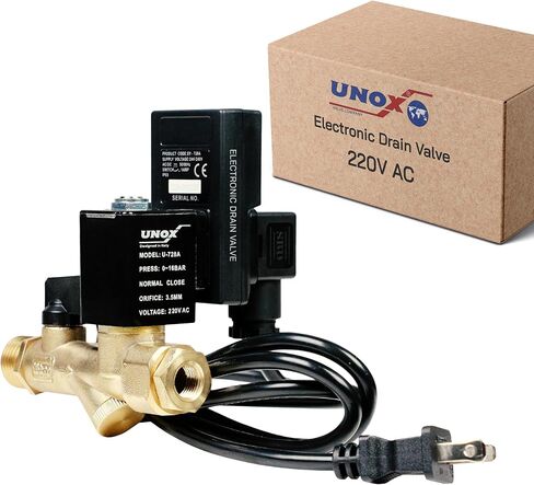UNOX Electronic Drain Valve for Air Compressor, 1/2" NPT to 1/4" NPT 220V AC Automatic Timed Tank Drain Valve with 6 feet US Plug Cable - Max 235 PSI Solenoid Valve Assembled in Kuwait