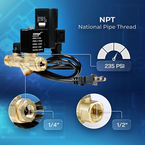 UNOX Electronic Drain Valve for Air Compressor, 1/2" NPT to 1/4" NPT 220V AC Automatic Timed Tank Drain Valve with 6 feet US Plug Cable - Max 235 PSI Solenoid Valve Assembled in Kuwait