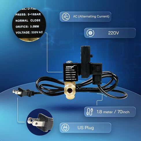 UNOX Electronic Drain Valve for Air Compressor, 1/2" NPT to 1/4" NPT 220V AC Automatic Timed Tank Drain Valve with 6 feet US Plug Cable - Max 235 PSI Solenoid Valve Assembled in Kuwait