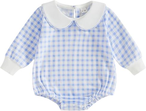 Newborn Baby Boy Gingham Romper Long Sleeve Fall One Piece Jumpsuit | Long Sleeve, Plaid Pattern, Peter Pan Collar, Snap Closure, Gingham Bodysuit for Infant Baby Boy 0-18 Months in Kuwait