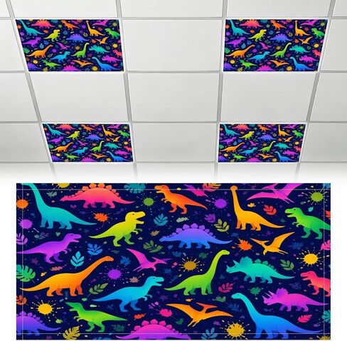 6 Pack Fluorescent Light Covers Seamless neon Funny Dinosaurs Paint Splashes Bright Children s for Decorative Magnetic Ceiling Covers Light Shade Panel for Classroom Office 4 x 2 ft in Kuwait