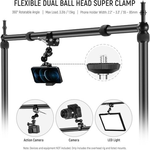NEEWER Overhead Camera Mount Rig with 2 Ball Heads, Super Clamp/Mobile Phone Holder/Camera Desk Mount, Multi Device Mount, Platform Overhead Tripod, Adjustable Height Width, Max Load 12 kg, NK002 in Kuwait