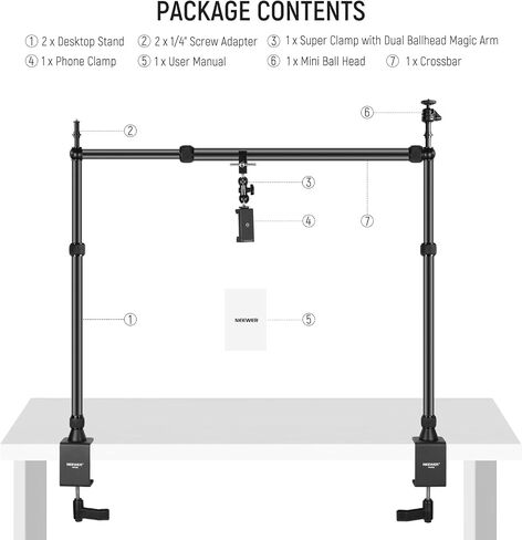 NEEWER Overhead Camera Mount Rig with 2 Ball Heads, Super Clamp/Mobile Phone Holder/Camera Desk Mount, Multi Device Mount, Platform Overhead Tripod, Adjustable Height Width, Max Load 12 kg, NK002 in Kuwait