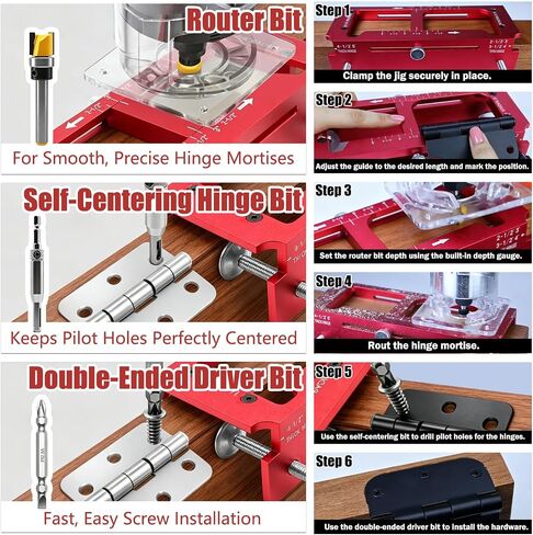 Door Hinge Jig and Door Lock Installation Kit | Aluminum Alloy Router Template for Hinge Mortising from 2.5" to 5" and Types of Square (Red) in Kuwait