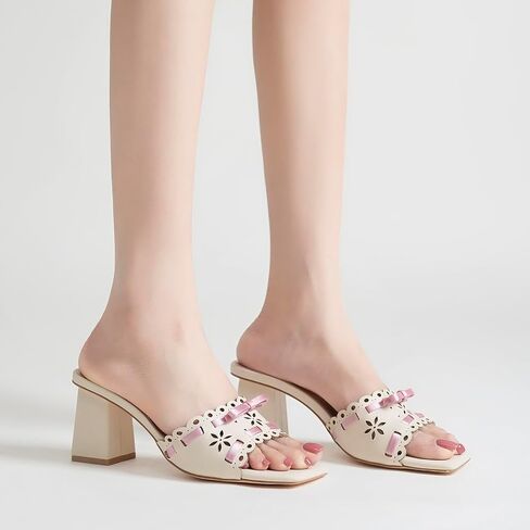 Women's High Heeled Sandals Square Toe Chunky Heel Mule Sandals Bow Adorned Breathable Open Toe Women's Shoes in Kuwait