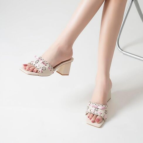Women's High Heeled Sandals Square Toe Chunky Heel Mule Sandals Bow Adorned Breathable Open Toe Women's Shoes in Kuwait