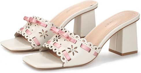 Women's High Heeled Sandals Square Toe Chunky Heel Mule Sandals Bow Adorned Breathable Open Toe Women's Shoes in Kuwait