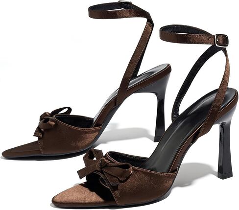 Women's Satin Bow Stiletto Sandals Point Toe Ankle Wrap Buckle Dress Heels | Satin upper with 3D bow, Adjustable Ankle Buckle non-slip outsole, Slim High Heels for weddings, prom and evening parties in Kuwait