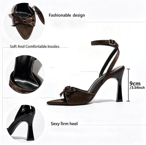 Women's Satin Bow Stiletto Sandals Point Toe Ankle Wrap Buckle Dress Heels | Satin upper with 3D bow, Adjustable Ankle Buckle non-slip outsole, Slim High Heels for weddings, prom and evening parties in Kuwait