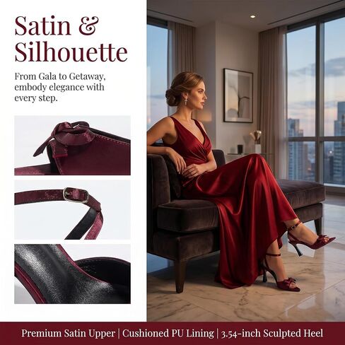 Women's Satin Bow Stiletto Sandals Point Toe Ankle Wrap Buckle Dress Heels | Satin upper with 3D bow, Adjustable Ankle Buckle non-slip outsole, Slim High Heels for weddings, prom and evening parties in Kuwait