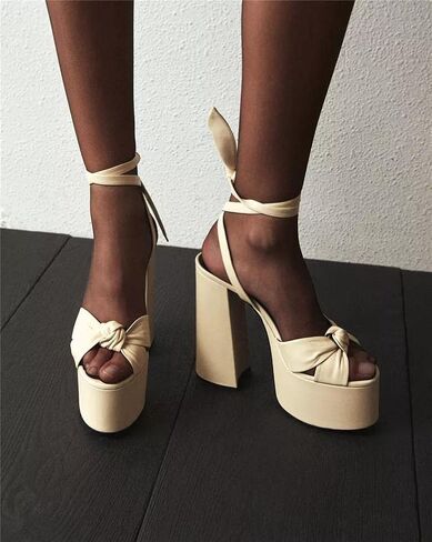 Goolita Metallic Lace Up Chunky Heel Platform Heels For Women Open Toe Slingback Ankle Strap Heeled Sandals Bow Sexy Fashion Evening Party Shoes in Kuwait