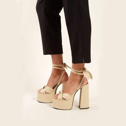 Goolita Metallic Lace Up Chunky Heel Platform Heels For Women Open Toe Slingback Ankle Strap Heeled Sandals Bow Sexy Fashion Evening Party Shoes in Kuwait