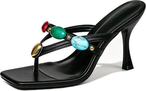 Womens Jeweled Thong High Heel Sandals Square Toe Stiletto Dress Flip Flops | Glossy Pu T-Strap With Colorful Faux Stone Beads Sexy Open Toe Clip Toe Slides For Weddings Parties Clubs,Dinners,Event Wear in Kuwait