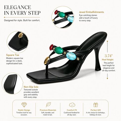 Womens Jeweled Thong High Heel Sandals Square Toe Stiletto Dress Flip Flops | Glossy Pu T-Strap With Colorful Faux Stone Beads Sexy Open Toe Clip Toe Slides For Weddings Parties Clubs,Dinners,Event Wear in Kuwait