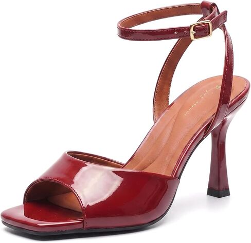 Women's Square Toe Ankle Strap Heels Sandals Kitten Heels | Patent leather，Cushioned insole， with Features slight arch support for Party Dressy Wedding in Kuwait