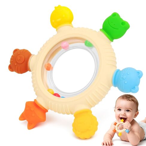 Baby Teething Rings Rattle Toys - BPA-Free Silicone Teether for 0-24 Months Infants & Toddlers, Safe Soft Chew Toys with Rattle Sound, Essential Teething Relief for Babies in Kuwait