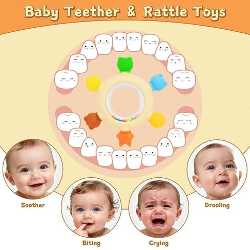 Baby Teething Rings Rattle Toys - BPA-Free Silicone Teether for 0-24 Months Infants & Toddlers, Safe Soft Chew Toys with Rattle Sound, Essential Teething Relief for Babies in Kuwait