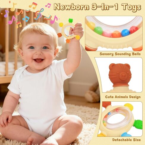 Baby Teething Rings Rattle Toys - BPA-Free Silicone Teether for 0-24 Months Infants & Toddlers, Safe Soft Chew Toys with Rattle Sound, Essential Teething Relief for Babies in Kuwait