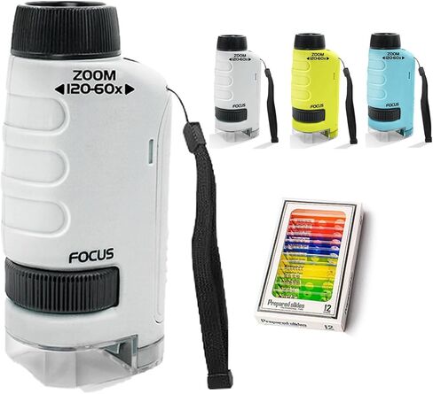 New Mini Portable Microscope Handheld,60x–120x Magnification,Includes 12 Pre-Prepared Biological Slides and LED Light,Ideal for Science Experiments,Classroom Learning,and Nature Observation (White) in Kuwait